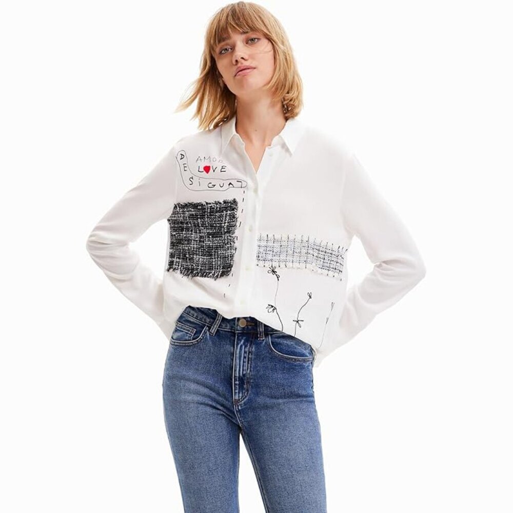 Desigual White Patchwork Flower Button Down Long Sleeve Shirt XS